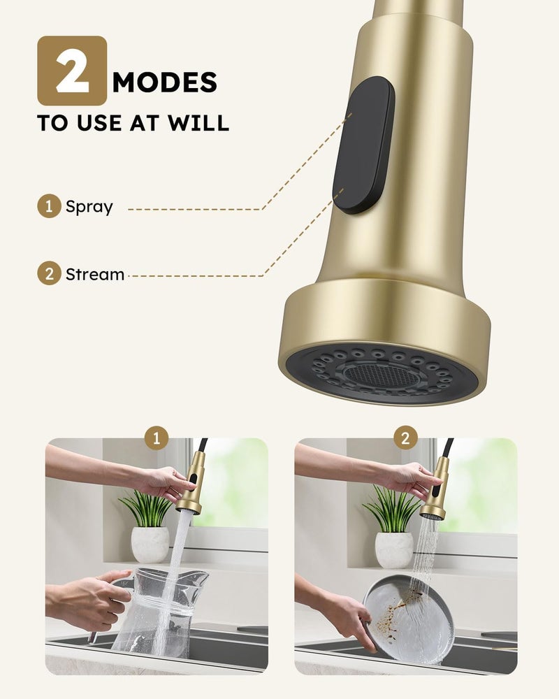 Arofa Kitchen Faucet with Soap Dispenser, Gold Stainless Steel Kitchen Sink Faucets with Pull-Down Sprayer 2 Mode, High Arc Modern Spring Faucet for 1 or 3 Hole, RV & Bathroom Faucets with Sprayer - Image 4